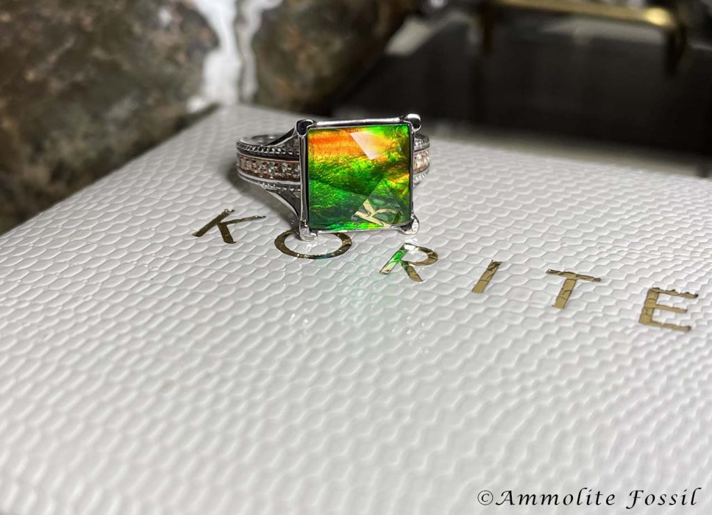 Ammolite Gemstone Fossil Silver Topaz Ring Chromatic Shift