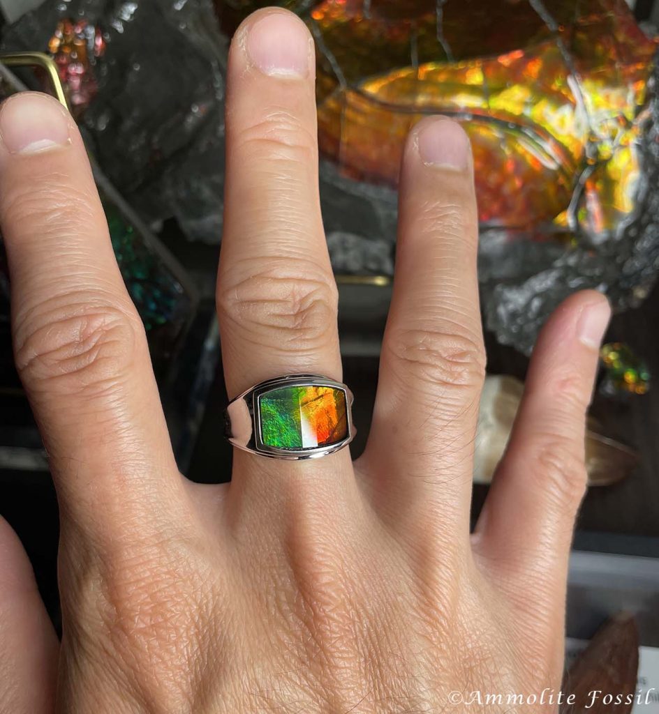 Ammolite Gemstone Fossil Rick Sterling Silver Ring